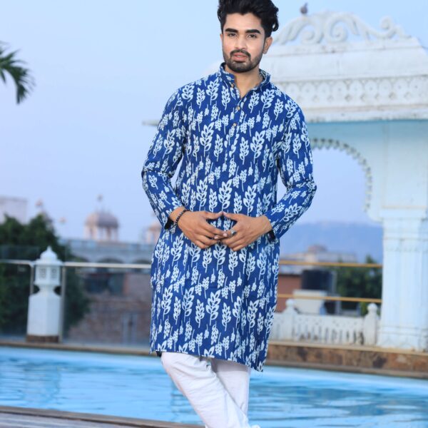 Mens Blue Printed Cotton Kurta with White Pajama ? Elegant Traditional & Ethnic Wear