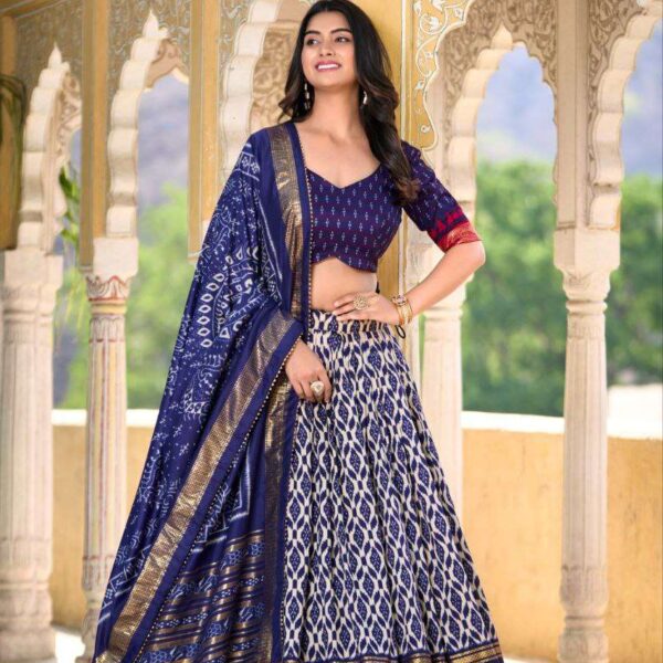 Full Royal Blue Tussar Silk Lehenga Choli with Matching Royal Blue Blouse | Patola Print & Foil Work | Wedding & Festive Wear