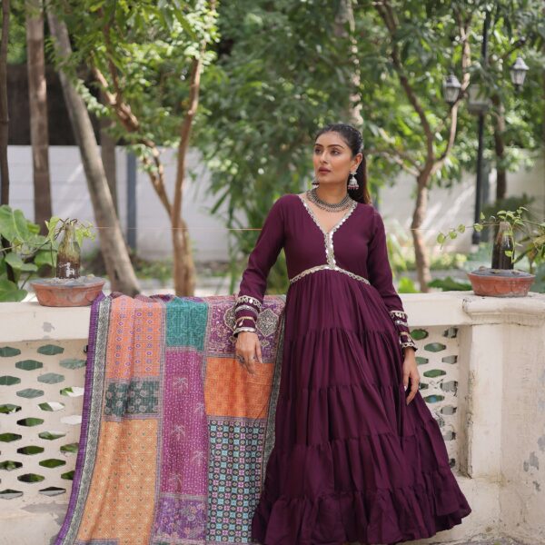 Wine Gown with Dupatta ? Frill Stitching & Mirror Lace Work Ethnic Set for Women