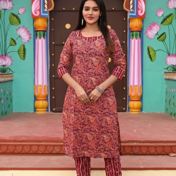 Women?s Red Cotton Kurta Set with Pants