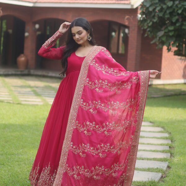 Pink Faux Blooming Designer Gown with Sequined Dupatta ? Elegant Fully Flared Party & Wedding Set
