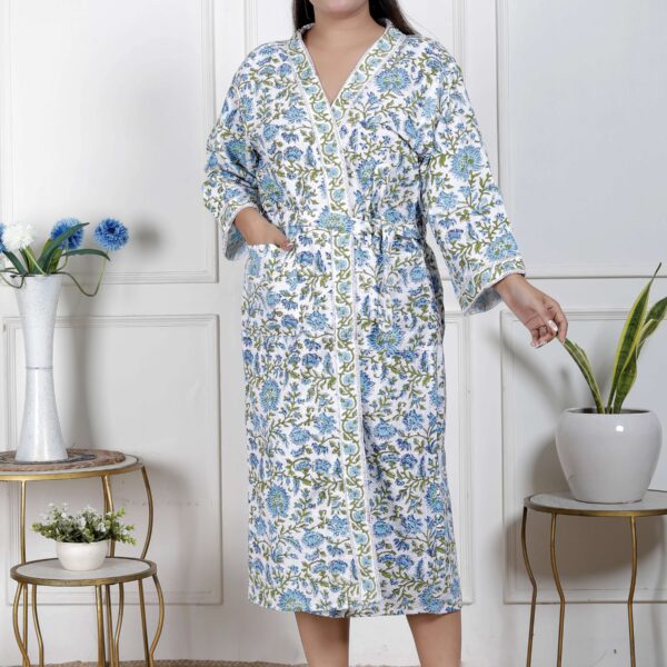 Handcrafted Cotton Block Printed Long Robe | Comfortable Loungewear & Bathrobe for Women