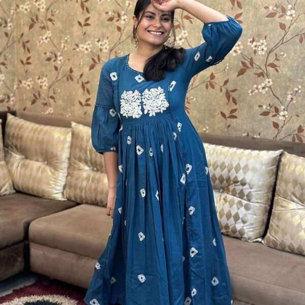 Women's Cotton Printed Long Anarkali Kurti With Pant