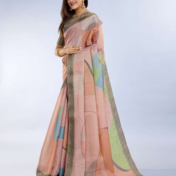 Elegant Teal Green and Mauve Pink Linen Saree with Geometric and Floral Prints