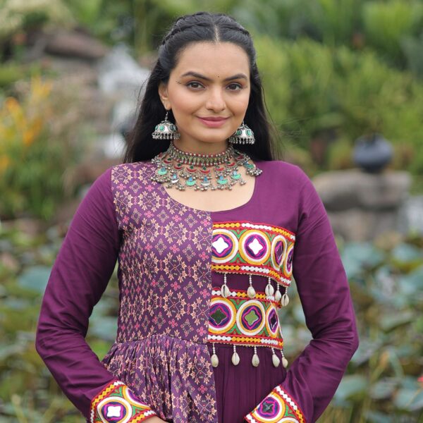 Wine Navratri Special Gown with Elegant Kutchi Embroidery