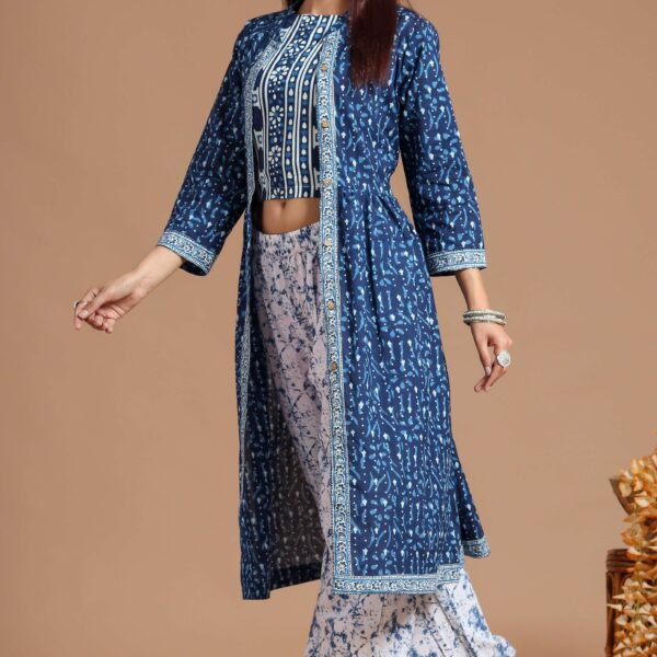 Women's Printed Long Shrug with Crop Top & Floral Pant Set