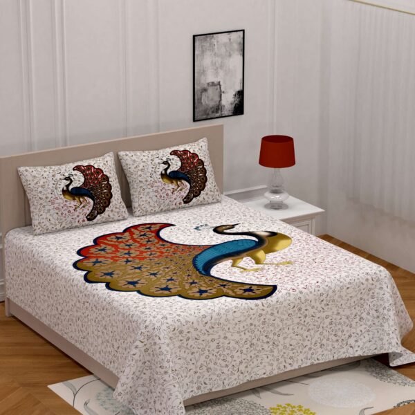 Jaipuri stylish printed cotton double bedAnd Two Pillow Covers Featuring a Peacock Design. 