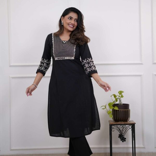 Women's Cotton Embroidery Straight Kurti With Pant Set
