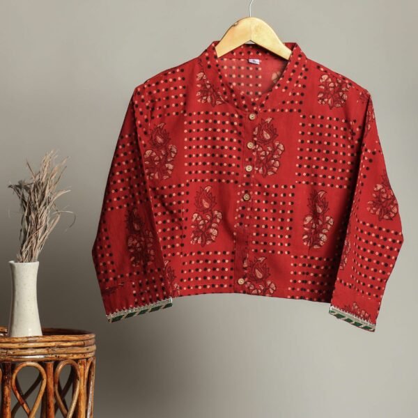 Hand Block Print Cotton Shirt for Women ? Red Floral Printed Button-Down Top with Full Sleeves