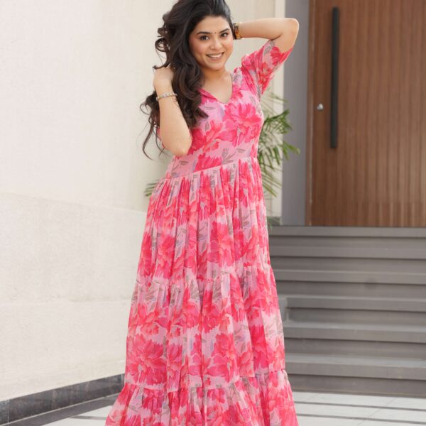 Peach Premium Faux Georgette Printed Gown ? Fully Flared & Elegant