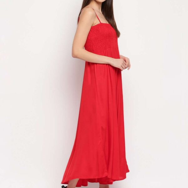 Women's Viscose Rayon Solid Shoulder Straps Sleeveless Flared Gown Drees (Red)