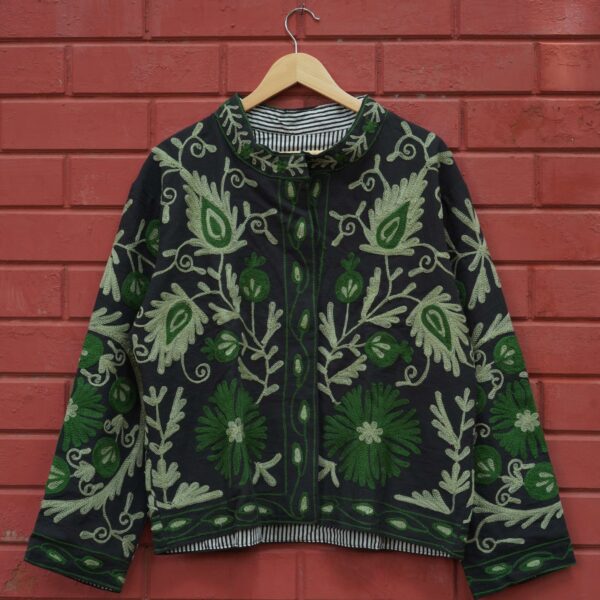 Womens Black Velvet Embroidered Jacket with Floral Design