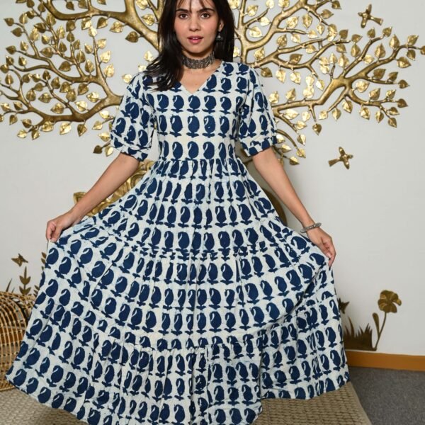 White And Blue Printed Cotton Anarkali Maxi Dress with Puff Sleeves Elegant Casual Wear
