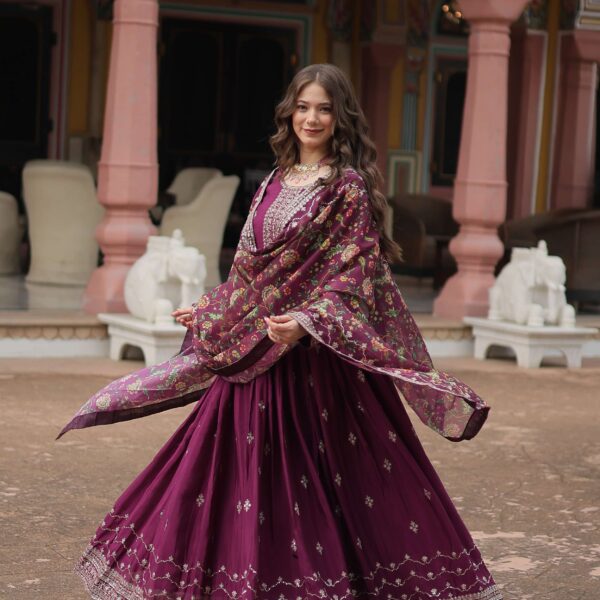 Wine Designer Chinon Sequins Embroidered Gown with Kalamkari Silk Dupatta