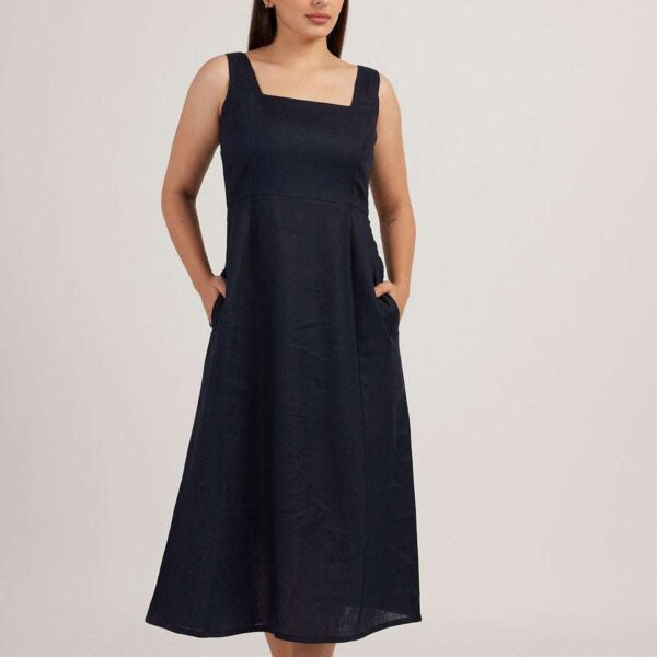 Women's Cotton Solid Pain Sleeveless Midi Dress Stylish Western One Piece Casual Empire Dress  ( Indigo )