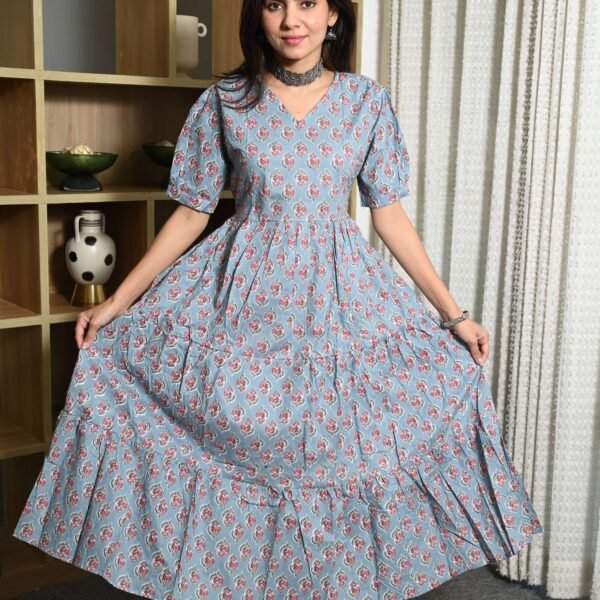 Sky Blue Floral Printed Cotton Anarkali Maxi Dress with Puff Sleeves Elegant Casual Wear