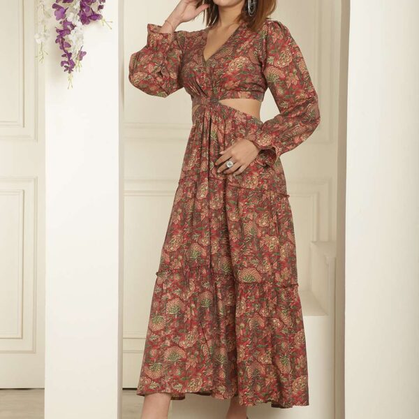 Women's Silk Printed V-Neck Long Bell Sleeves Tiered Maxi Dress Gown (Dark-Maroon)