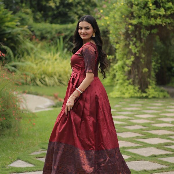 Maroon Banarasi Jacquard Silk Gown ? Elegant Free-Size Designer Party & Wedding Wear