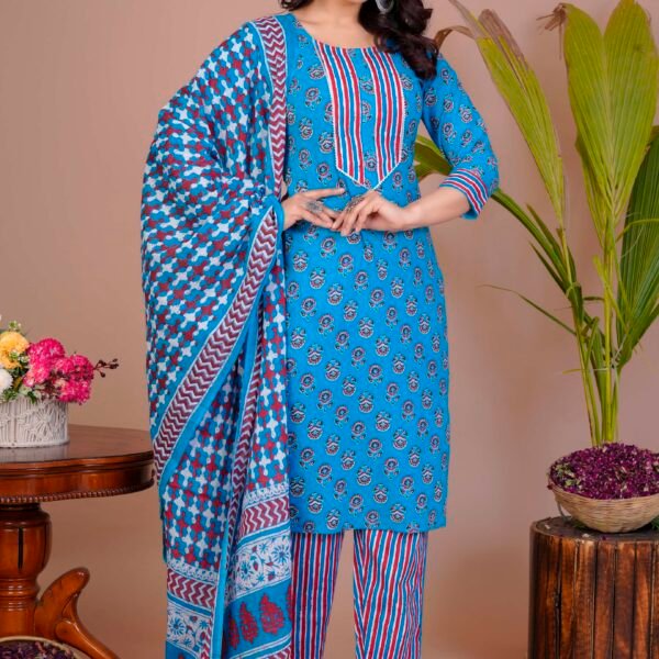 Women's Blue Cotton Printed Straight Kurti with Pant & Dupatta Set