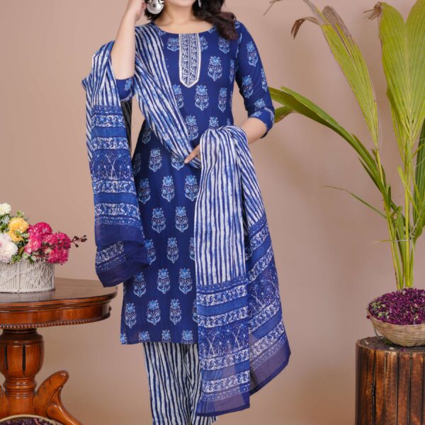 Women's Blue Cotton Printed Straight Kurti with Pant & Dupatta Set