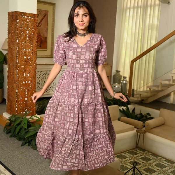 Mouve Printed Cotton Anarkali Maxi Dress with Puff Sleeves Elegant Casual Wear