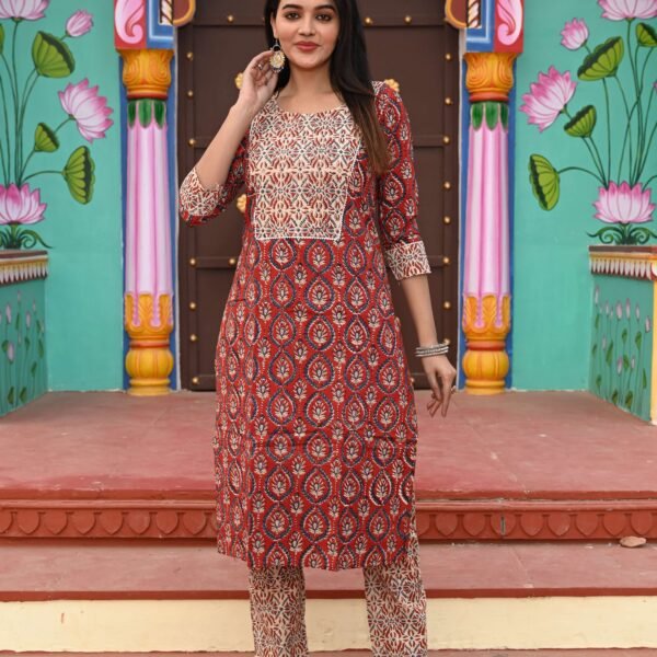 Red Cotton Kurta Set for Women ? Cream Patchwork Design with Printed Pants