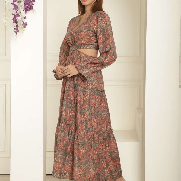 Women's Silk Printed V-Neck Long Bell Sleeves Tiered Maxi Dress Gown (Brown)