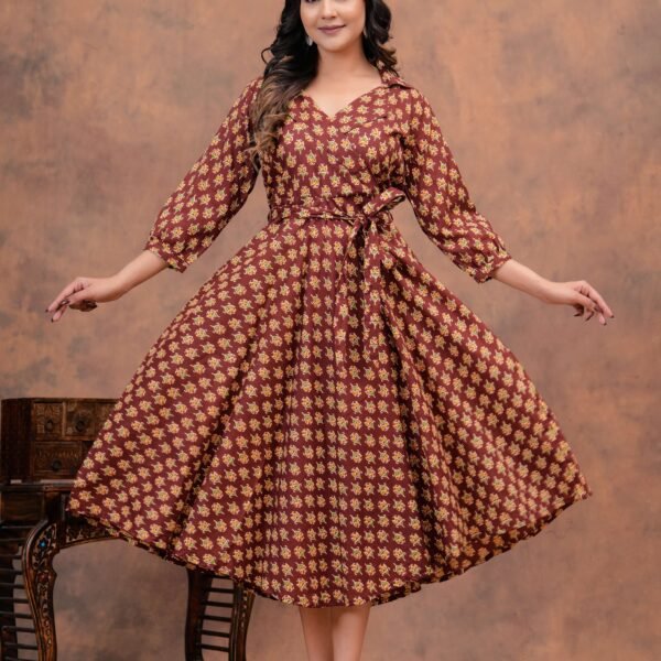 Maroon Floral Printed Cotton Midi Dress with Button-Down Front