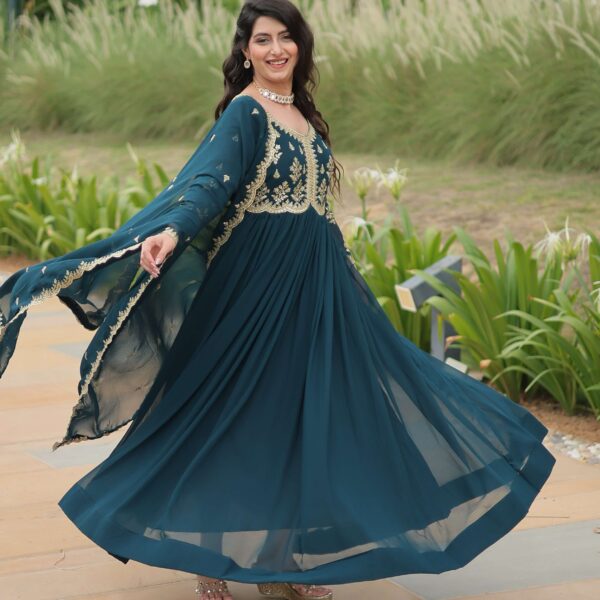 Teal-Blue Elegant Kutchi Gamthi Work Reyon Gown with Heavy Flair