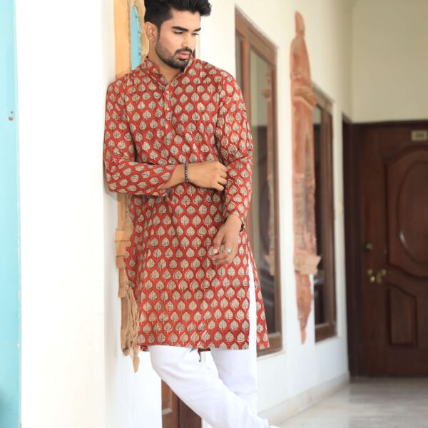 Mens Red Floral Printed Cotton Kurta with White Pajama ? Traditional Ethnic Wear for Festive & Wedding