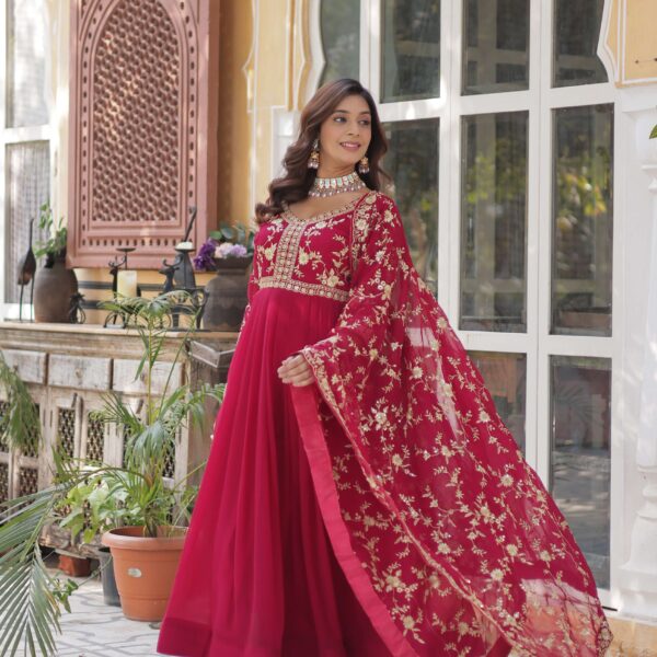 Pink Premium Faux Blooming Embroidered Gown with Dupatta
