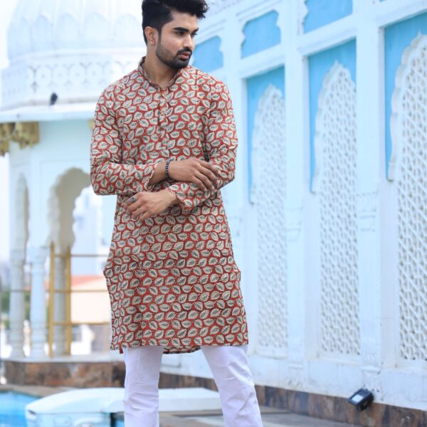 Mens Beige Printed Cotton Kurta with White Pajama ? Traditional Ethnic Wear for Festive & Wedding