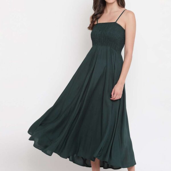 Women's Viscose Rayon Solid Shoulder Straps Sleeveless Flared Gown Drees (Green1)