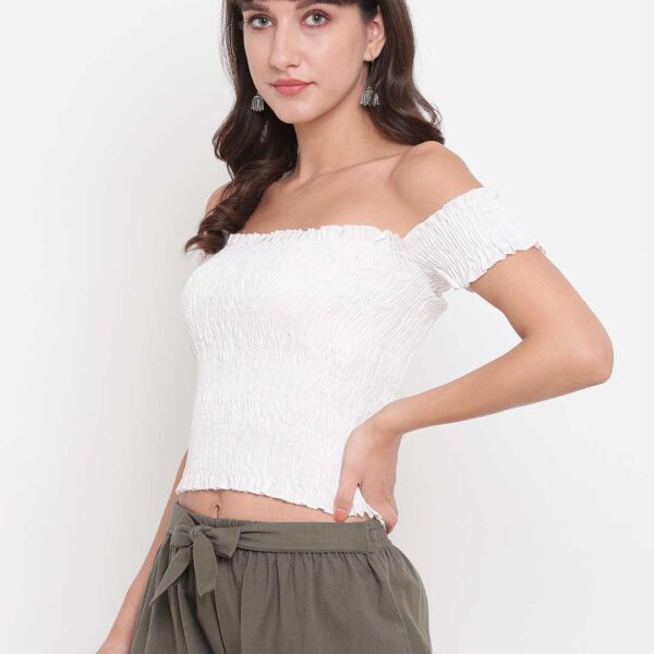 Women's Rayon Solid Off-Shoulder Smocked Crop Top Short Sleeve Casual Styles Tank Top (FREE SIZE) Multi30