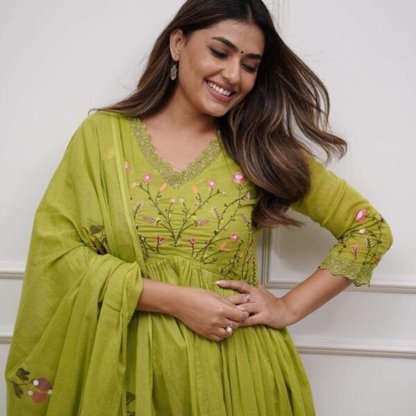 Women's Cotton Embroidered Long Anarkali Kurti with pant and Dupatta Set