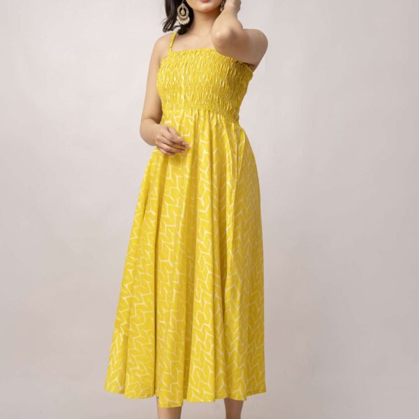 Women's Silk Printed Shoulder Straps Sleeveless Anarkali Gown Drees (Yellow Sui)