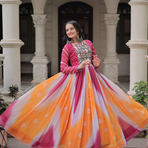 Orange Faux Georgette Bandhej Navratri Gown with Gamthi Embroidery & Mirror Work ? Elegant Ethnic Wear for Women