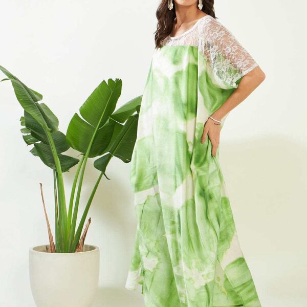 Women's Cotton Tie Dye Print Lace Trim, V-Neck, Full Length, Beach Casual Wear, Spring Collection Kaftan ( Green White )