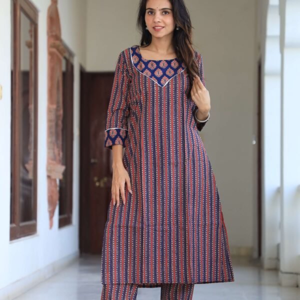 Striped Cotton Kurta Set for Women ? Navy Blue & Red with Printed Yoke and Straight Pants