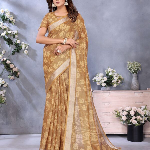 Exquisite Golden Floral Woven Linen Shimmer Saree