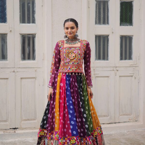 Georgette Print Navratri Lehenga Choli Set with Vintage Gamthi Embellishments