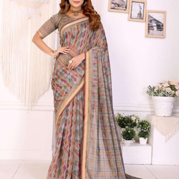 Vibrant Geometric Weaves Chanderi Saree with Striped Border & Tassels ? Multicolor Festive Wear