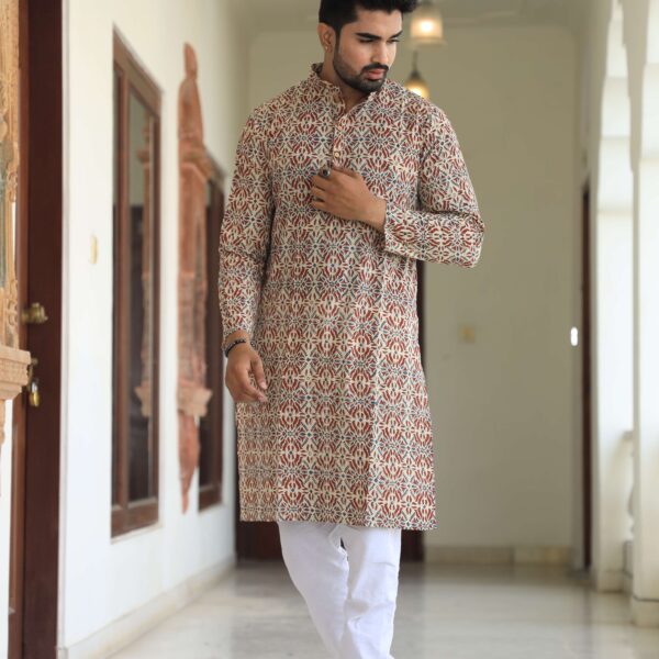 Mens Beige Multicolor Printed Cotton Kurta with White Pajama ? Traditional Ethnic Wear for Festive & Wedding