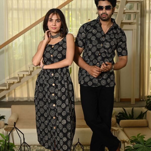 Couple Matching Outfit ? Black Printed Cotton Midi Dress & Shirt Set, Ethnic Casual Wear