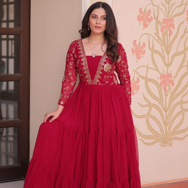 Pink Premium Faux Blooming Sequins & Zari Embroidered Gown ? Partywear