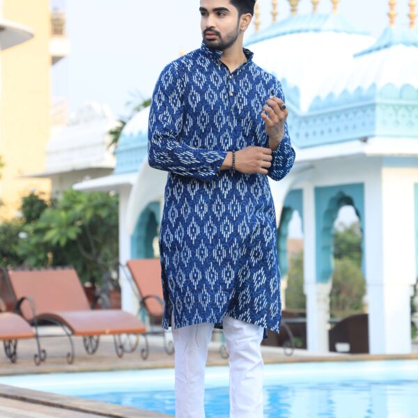 Mens Blue Printed Cotton Kurta with White Pajama ? Elegant Traditional & Ethnic Wear