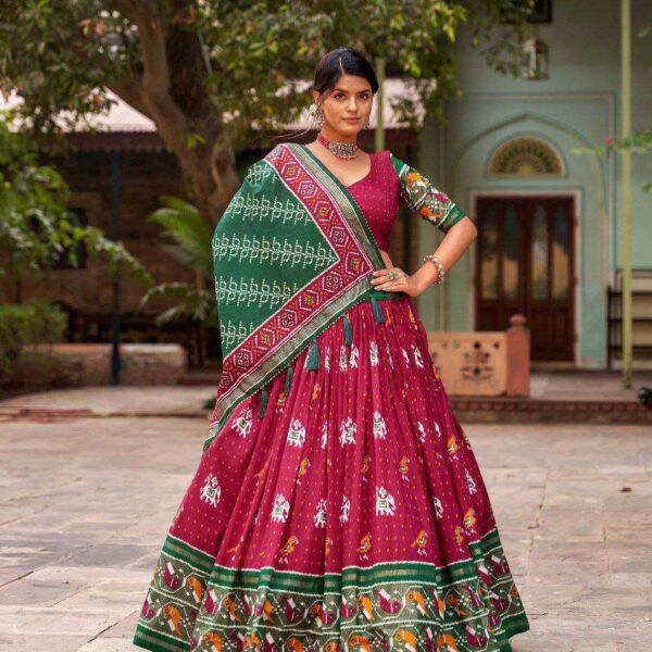 Maroon Tussar Silk Lehenga Choli with Green Blouse | Patola Print & Foil Work | Wedding & Festive Wear