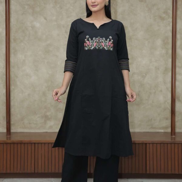 Women's Cotton Embroidered Straight Kurti With Pant Set