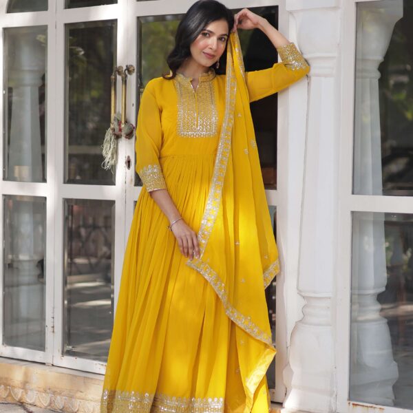 Yellow Faux Blooming Georgette Sequins Embroidered Gown with Matching Dupatta