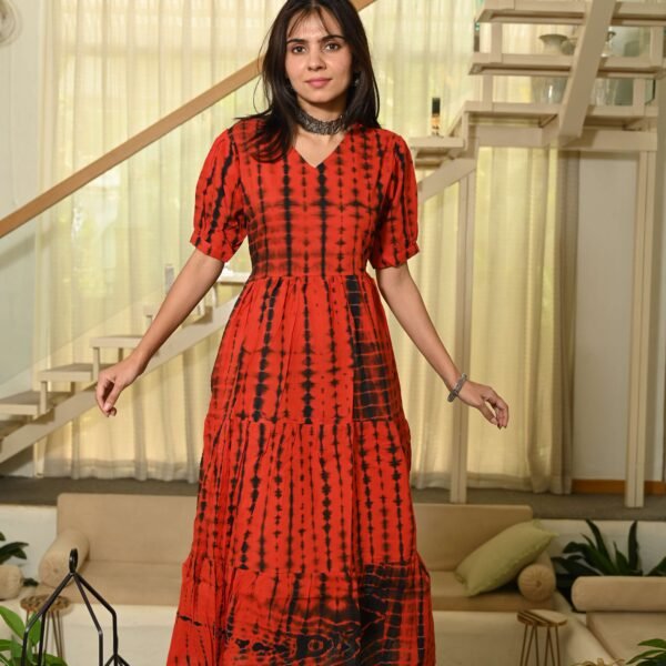 Red Printed Cotton Anarkali Maxi Dress with Puff Sleeves Elegant Casual Wear